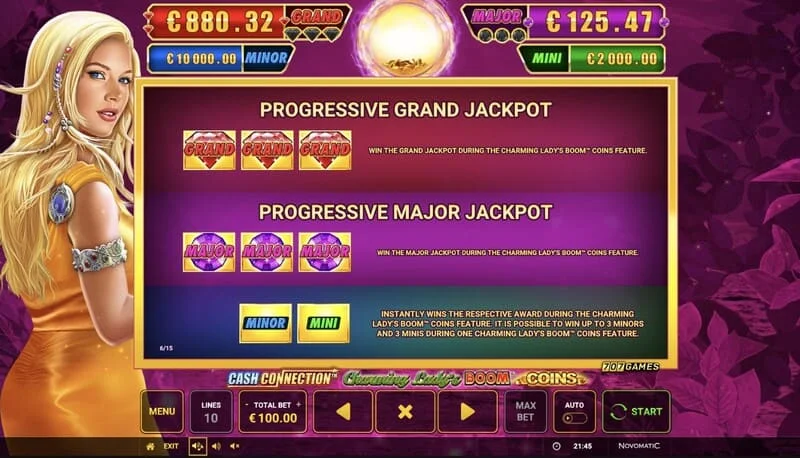 Cash Connection - Charming Lady's Boom Coins - Jedwali la Jackpot za Mini, Minor, Major na Grand