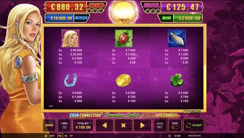 Cash Connection - Charming Lady's Boom Coins - Mchezo mdogo wa Boom Spins kwenye gridi iliyopanuliwa